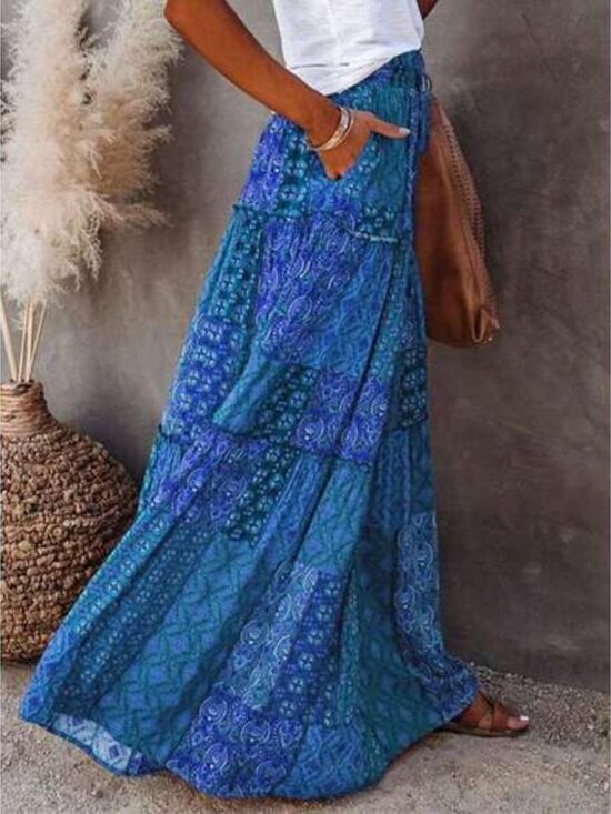 Women's Boho Maxi Skirts Vintage Floral Elastic High Waist A-Line Flowy Skirts T - Picture 5 of 6